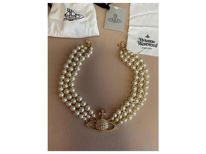 Collana choker Bas Relief a tre file dorata Vivienne Westwood Bianco D'oro - vista 2