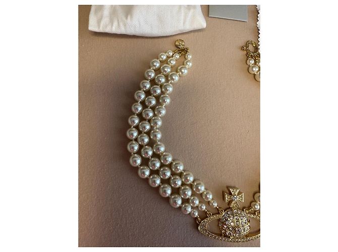 Collana choker Bas Relief a tre file dorata Vivienne Westwood Bianco D'oro - vista 3