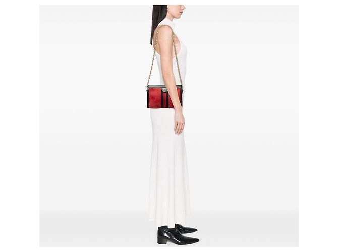 Gucci Rosso Piccolo in Suede Web Ophidia con Catena a Spalla - vista 7