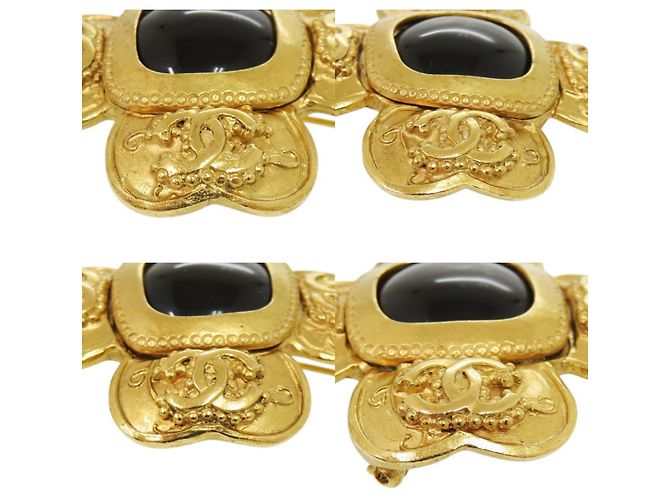 Timeless Goldene Metallbrosche mit Kleeblattstein Chanel Coco Mark Vintage 96A Schwarz - Ansicht 4