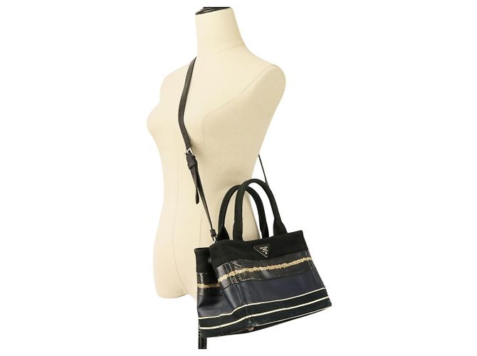 PRADA Mini Bolsa de Mão/Shoulder em Canapa Patchwork Preto Azul marinho - vista 10