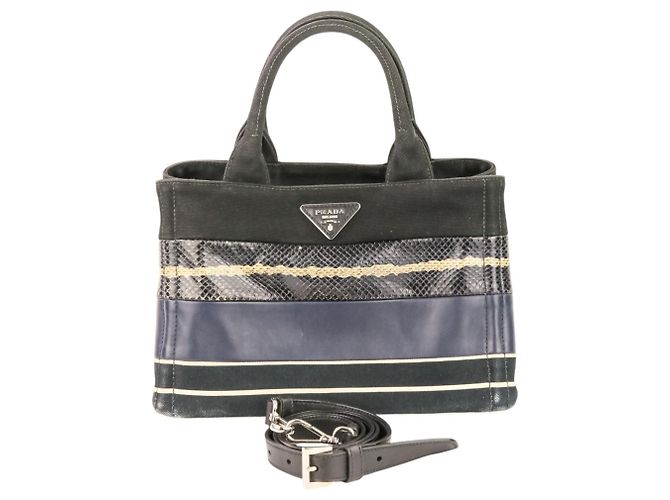 PRADA Mini Bolsa de Mão/Shoulder em Canapa Patchwork Preto Azul marinho - vista 11