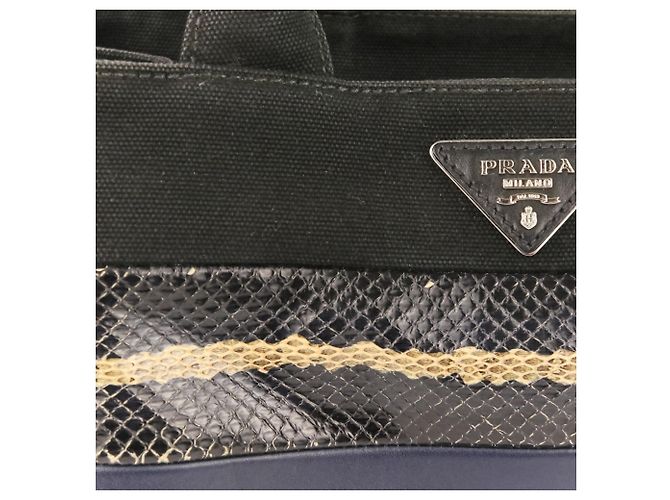 PRADA Mini Bolsa de Mão/Shoulder em Canapa Patchwork Preto Azul marinho - vista 12