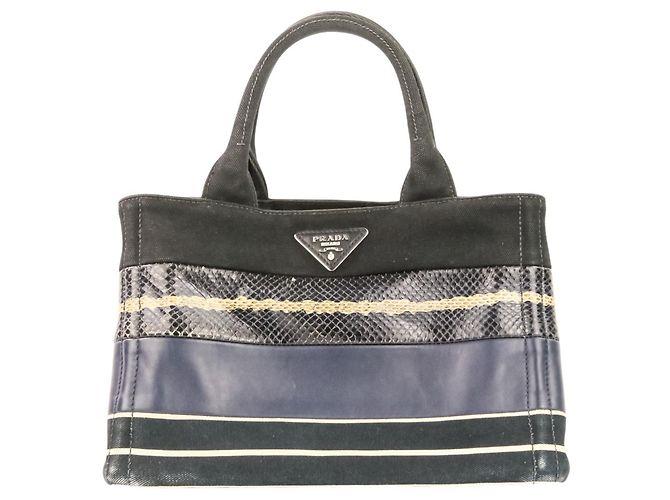 PRADA Mini Bolsa de Mão/Shoulder em Canapa Patchwork Preto Azul marinho - vista 2
