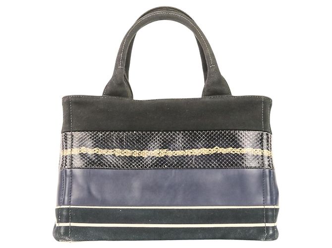 PRADA Mini Bolsa de Mão/Shoulder em Canapa Patchwork Preto Azul marinho - vista 3