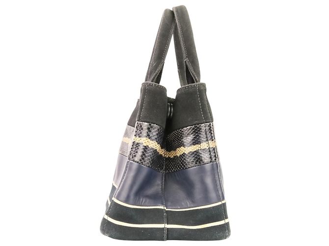PRADA Mini Bolsa de Mão/Shoulder em Canapa Patchwork Preto Azul marinho - vista 4
