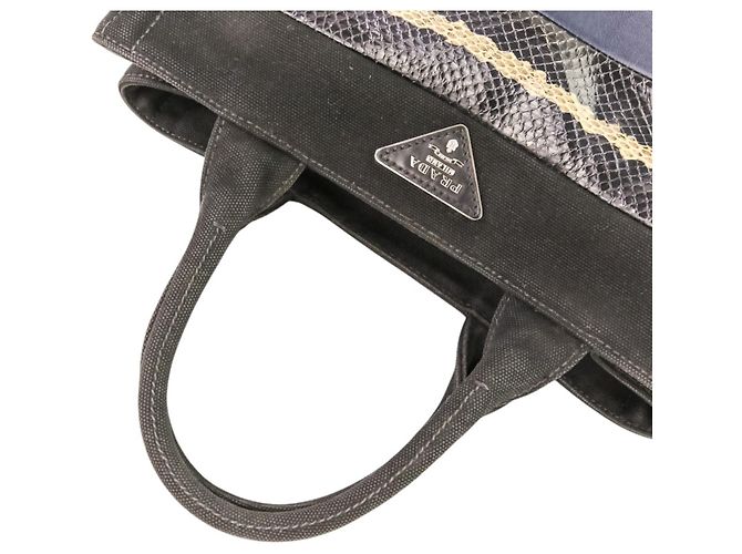 PRADA Mini Bolsa de Mão/Shoulder em Canapa Patchwork Preto Azul marinho - vista 7