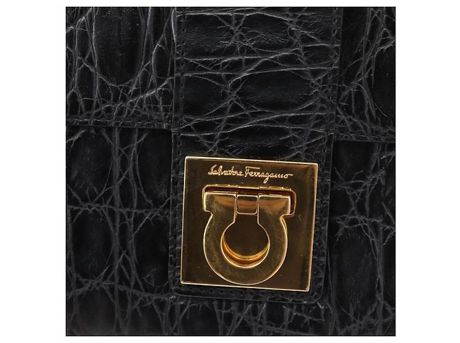 Borsa in pelle nera e oro Gancini Croco Embossed Salvatore Ferragamo Auth 176066A Nero D'oro - vista 14