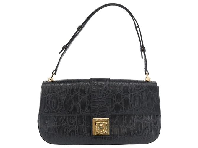 Borsa in pelle nera e oro Gancini Croco Embossed Salvatore Ferragamo Auth 176066A Nero D'oro - vista 2