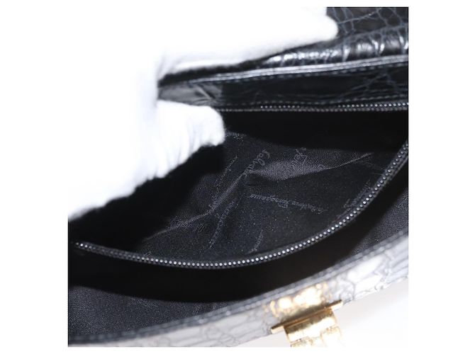 Borsa in pelle nera e oro Gancini Croco Embossed Salvatore Ferragamo Auth 176066A Nero D'oro - vista 21