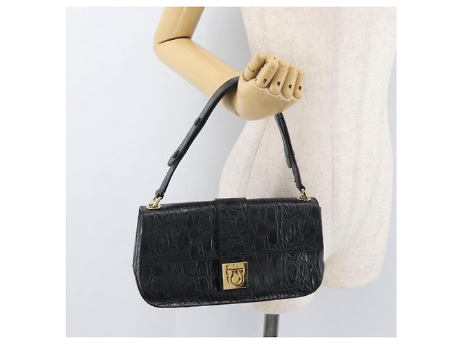 Borsa in pelle nera e oro Gancini Croco Embossed Salvatore Ferragamo Auth 176066A Nero D'oro - vista 22