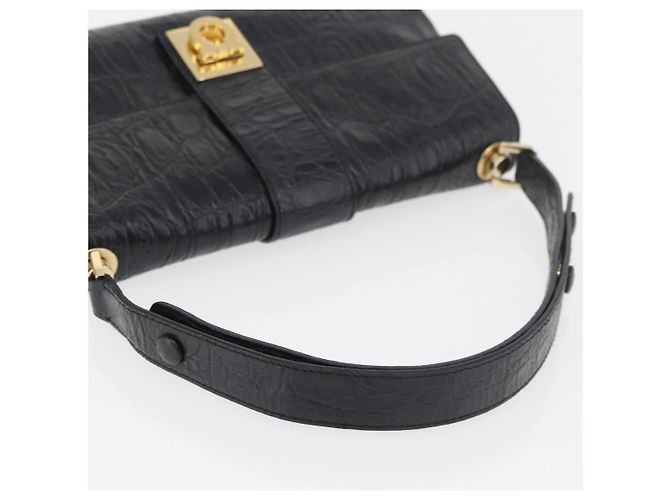Borsa in pelle nera e oro Gancini Croco Embossed Salvatore Ferragamo Auth 176066A Nero D'oro - vista 7
