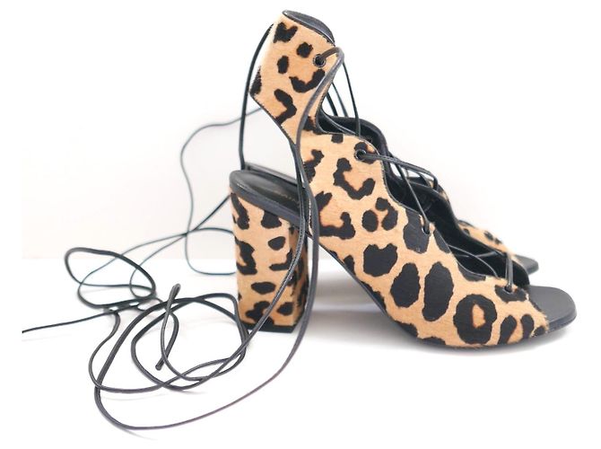 Sandali stringati in pelle di vitello con stampa leopardata Saint Laurent Babies Marrone - vista 3