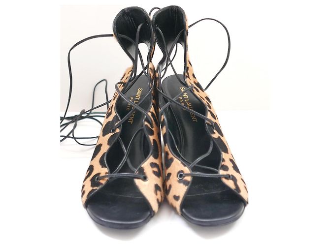 Sandali stringati in pelle di vitello con stampa leopardata Saint Laurent Babies Marrone - vista 4