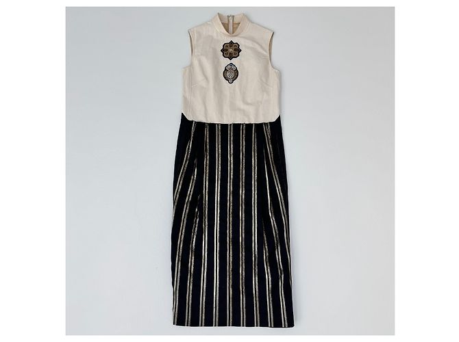 Abito midi senza maniche Dries Van Noten nero e crema Beige D'oro - vista 3