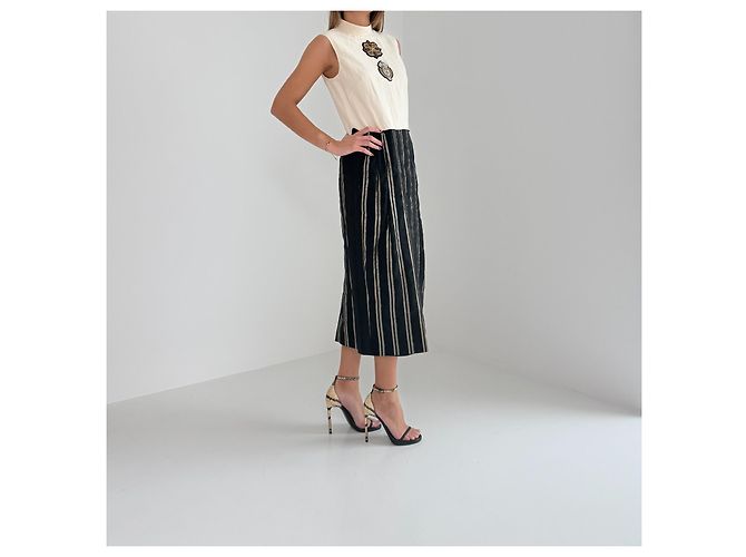 Abito midi senza maniche Dries Van Noten nero e crema Beige D'oro - vista 5