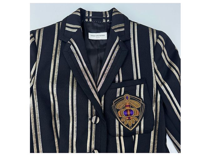 Blazer Dries Van Noten in lana nero con strisce metalliche dorate - vista 6