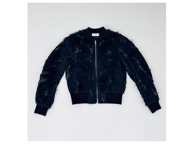 Dries Van Noten Bomber Jacket Navy Blue Sequins Ruffles Green - view 3