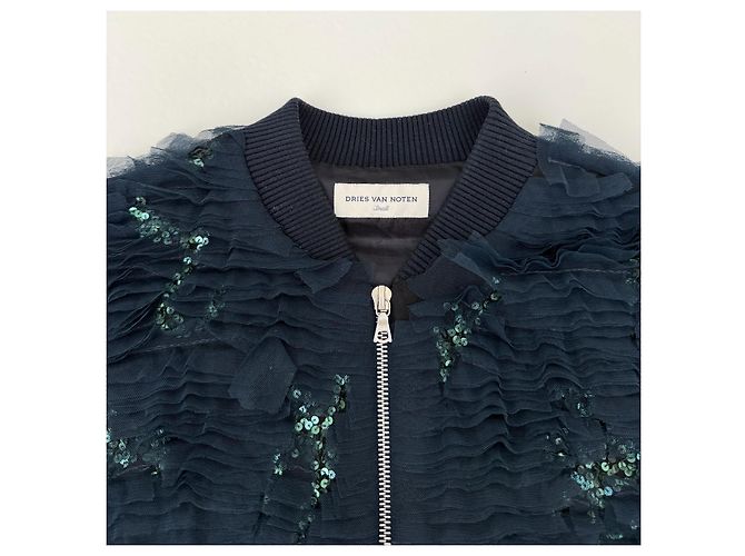 Dries Van Noten Bomber Jacket Navy Blue Sequins Ruffles Green - view 4