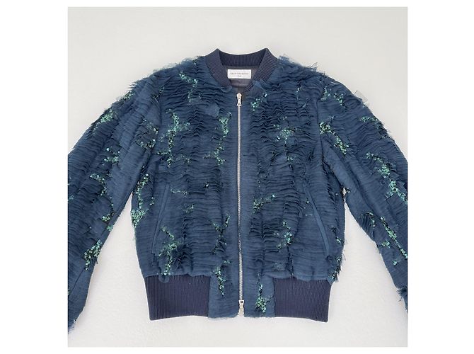 Dries Van Noten Bomber Jacket Navy Blue Sequins Ruffles Green - view 7