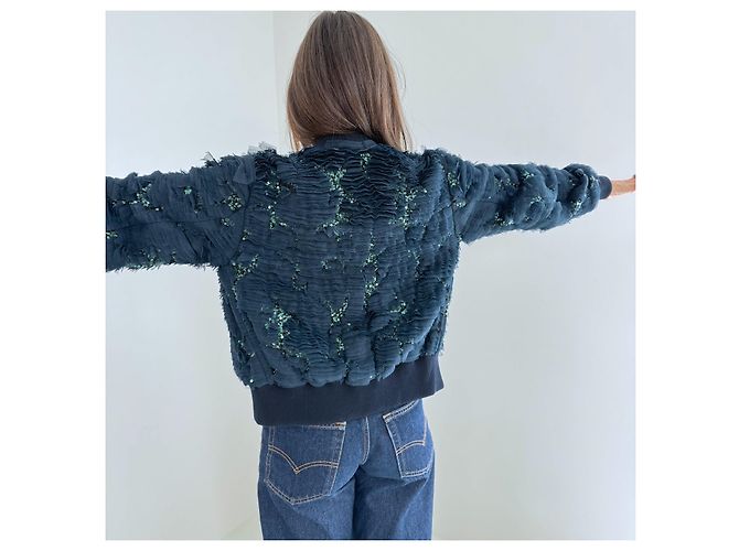 Dries Van Noten Bomber Jacket Navy Blue Sequins Ruffles Green - view 8