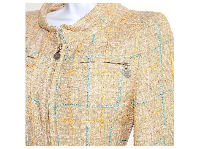 Giacca in tweed Chanel con zip Rosa Beige Giallo Blu chiaro - vista 7