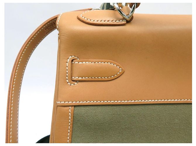 Hermès NUEVO BOLSO HERMES KELLY 32 SELLIER LONA CUERO NATURAL CON BANDOLERA Caqui - vista 21