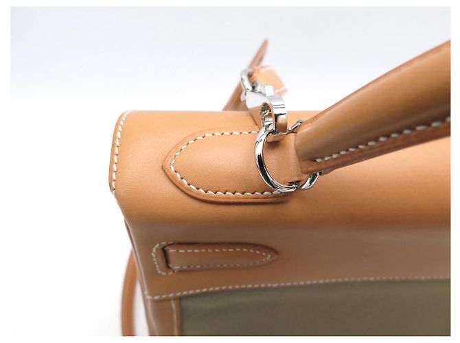 Hermès NUEVO BOLSO HERMES KELLY 32 SELLIER LONA CUERO NATURAL CON BANDOLERA Caqui - vista 23
