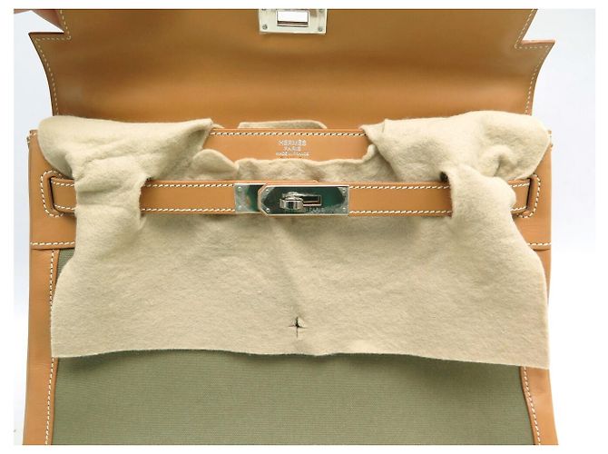 Hermès NUEVO BOLSO HERMES KELLY 32 SELLIER LONA CUERO NATURAL CON BANDOLERA Caqui - vista 27