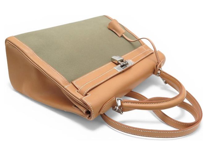 Hermès NUEVO BOLSO HERMES KELLY 32 SELLIER LONA CUERO NATURAL CON BANDOLERA Caqui - vista 4