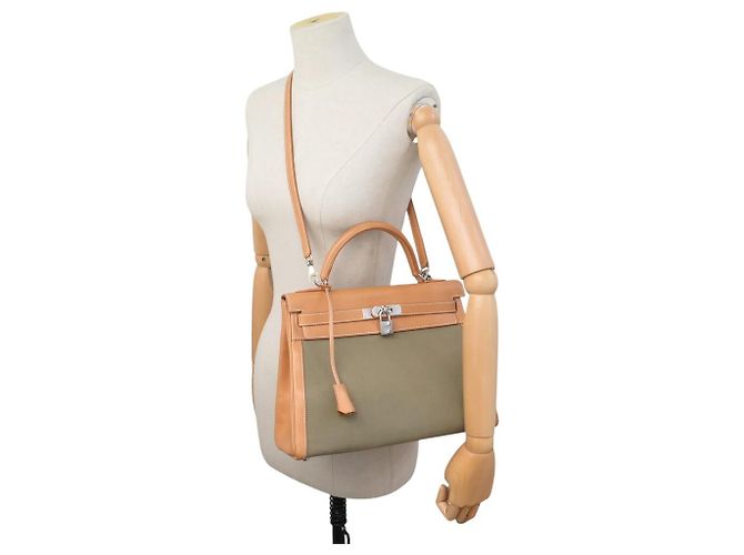 Hermès NUEVO BOLSO HERMES KELLY 32 SELLIER LONA CUERO NATURAL CON BANDOLERA Caqui - vista 5