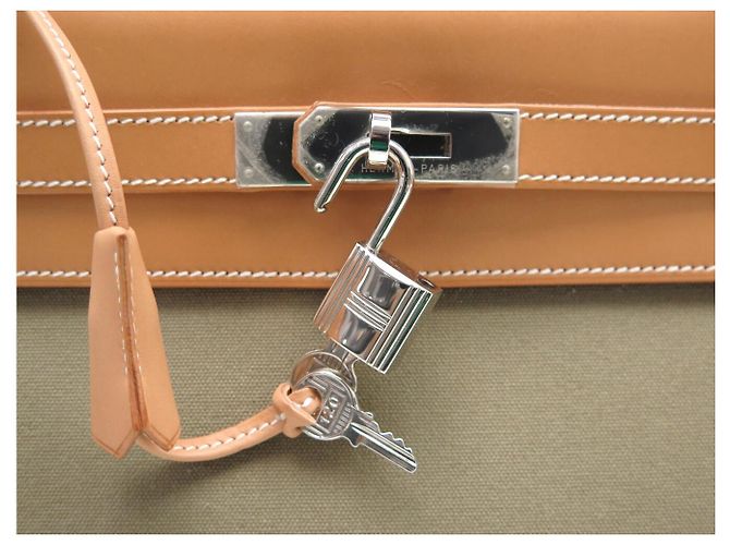 Hermès NUEVO BOLSO HERMES KELLY 32 SELLIER LONA CUERO NATURAL CON BANDOLERA Caqui - vista 8