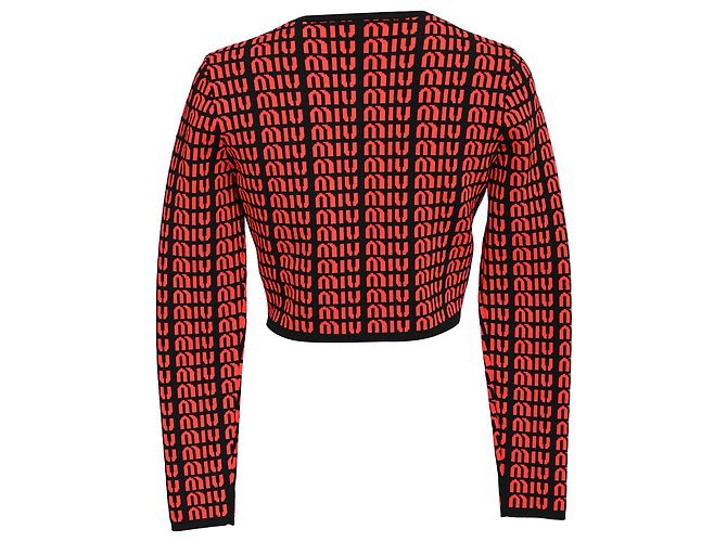 Miu Miu Logo All Over Cropped Cardigan in Rot und Schwarz aus Rayon - Ansicht 3