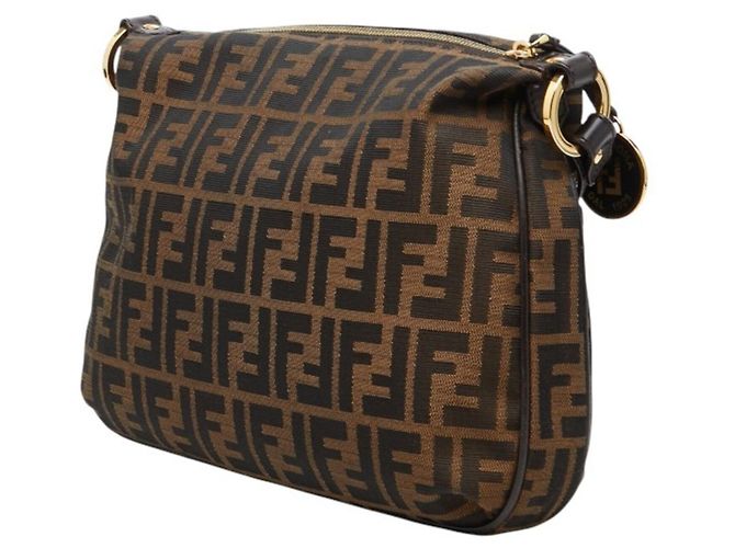 Borsa a tracolla in tela e pelle marrone Zucca di Fendi - vista 2