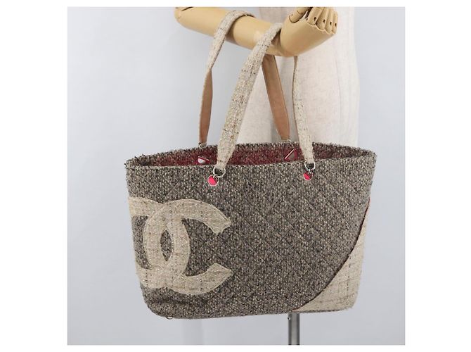 Borsa tote della linea Cambon di CHANEL in tweed grigio argento CC Auth mr2380A Marrone - vista 25
