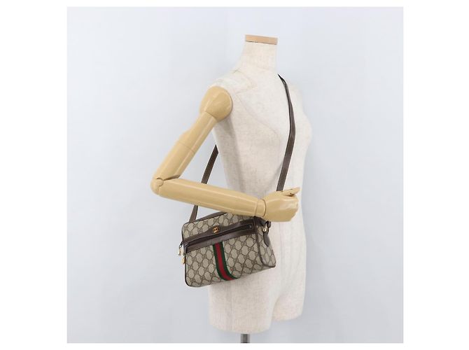 Borsa a Spalla GUCCI GG Supreme Web Sherry Line PVC Beige Oro Auth 175436 D'oro - vista 22