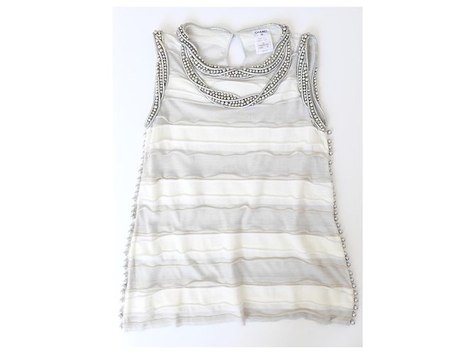 Top de pérolas e couro da coleção de cruzeiro Chanel 2009 Branco Cinza - vista 2