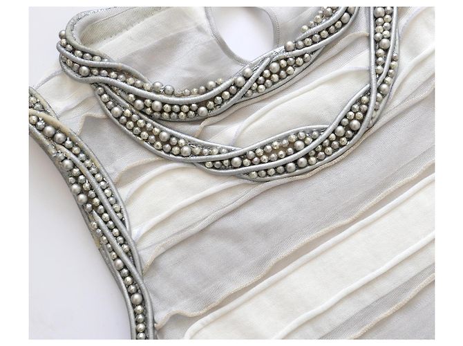 Top de pérolas e couro da coleção de cruzeiro Chanel 2009 Branco Cinza - vista 4