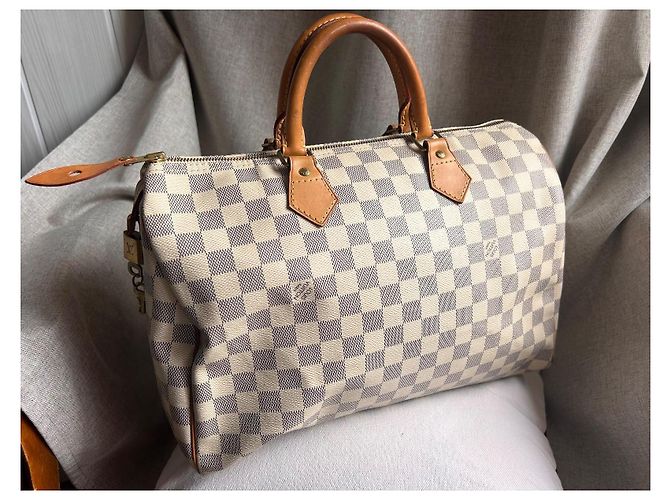 Louis Vuitton Speedy 35 Damier Azur Borsa Marrone Crema Bianco sporco Gold hardware - vista 13