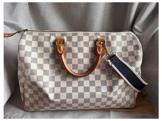 Louis Vuitton Speedy 35 Damier Azur Borsa Marrone Crema Bianco sporco Gold hardware - vista 18