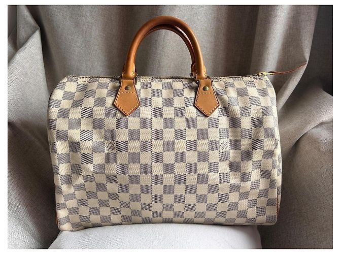 Louis Vuitton Speedy 35 Damier Azur Borsa Marrone Crema Bianco sporco Gold hardware - vista 3