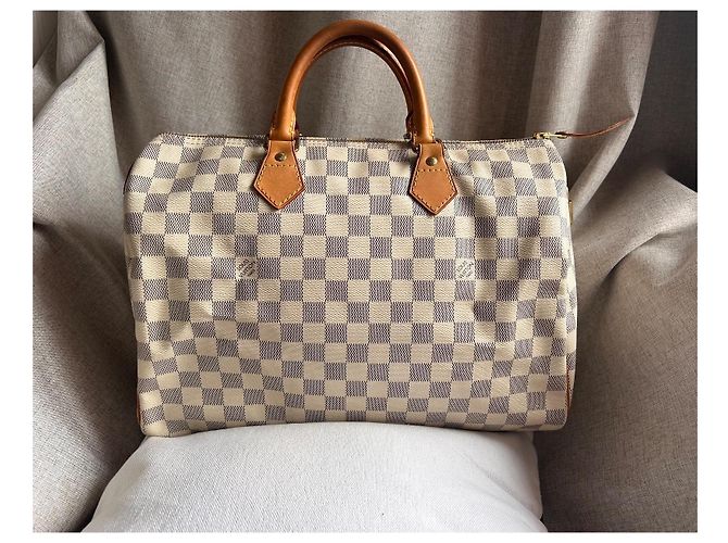 Louis Vuitton Speedy 35 Damier Azur Borsa Marrone Crema Bianco sporco Gold hardware - vista 4