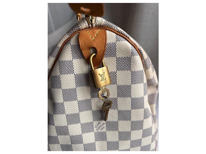 Louis Vuitton Speedy 35 Damier Azur Borsa Marrone Crema Bianco sporco Gold hardware - vista 7