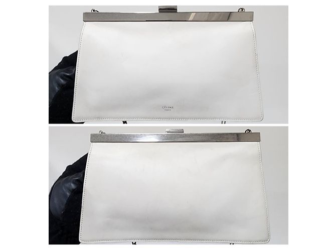 Céline Borsa a spalla media con chiusura in pelle di vitello liscia Off-White - vista 4