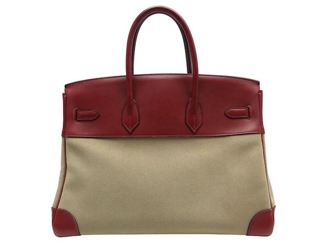 Hermès SAC A MAIN HERMES BIRKIN 35 TOILE BEIGE ET CUIR SWIFT ROUGE 2007 HAND BAG PURSE - vue 2