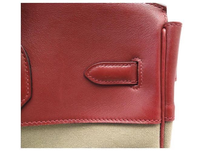 Hermès SAC A MAIN HERMES BIRKIN 35 TOILE BEIGE ET CUIR SWIFT ROUGE 2007 HAND BAG PURSE - vue 21