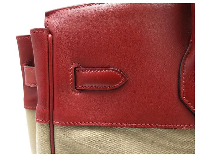 Hermès SAC A MAIN HERMES BIRKIN 35 TOILE BEIGE ET CUIR SWIFT ROUGE 2007 HAND BAG PURSE - vue 22