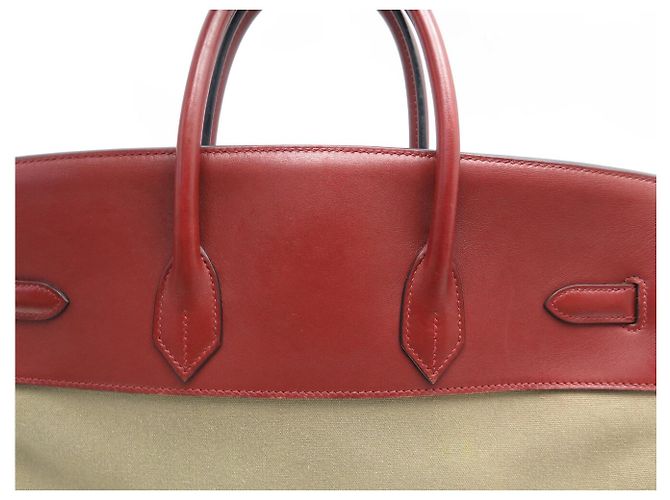 Hermès SAC A MAIN HERMES BIRKIN 35 TOILE BEIGE ET CUIR SWIFT ROUGE 2007 HAND BAG PURSE - vue 25