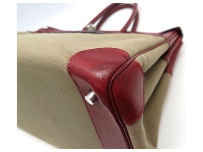 Hermès SAC A MAIN HERMES BIRKIN 35 TOILE BEIGE ET CUIR SWIFT ROUGE 2007 HAND BAG PURSE - vue 28