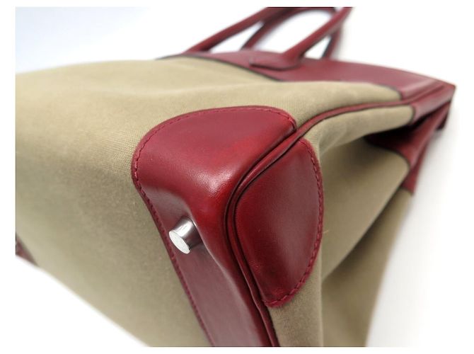 Hermès SAC A MAIN HERMES BIRKIN 35 TOILE BEIGE ET CUIR SWIFT ROUGE 2007 HAND BAG PURSE - vue 30